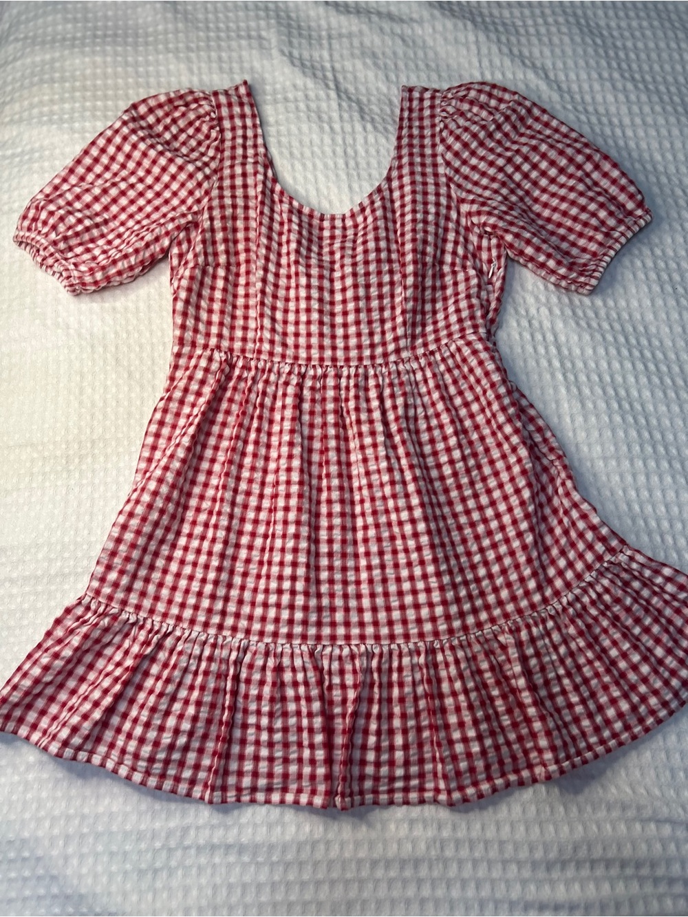 LOFT Red & White Gingham Puff-Sleeve Mini Dress